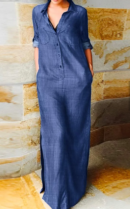 Faux Denim Shirt Collar Casual Loose Denim Dress
