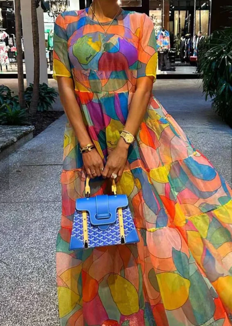 Loose Elegant Crew Neck Short sleeve Abstract Long Dress