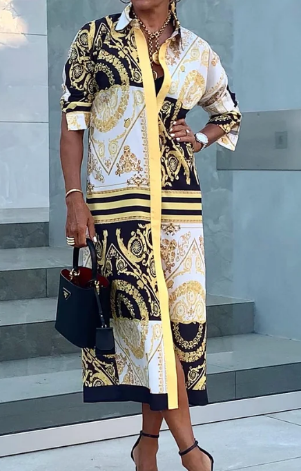 Ethnic Urban Loose Three Quarter Shirt Collar Midi Dress